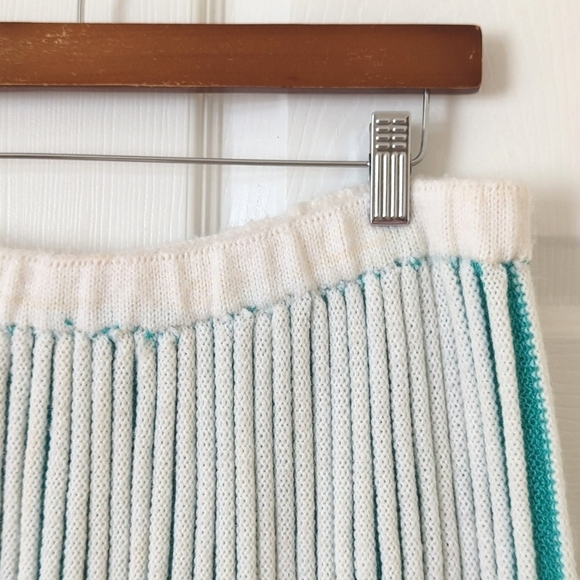 80's Vintage Unique Pleated Knit High Waisted A-Line Mini Skirt White Teal XL - Picture 3 of 8